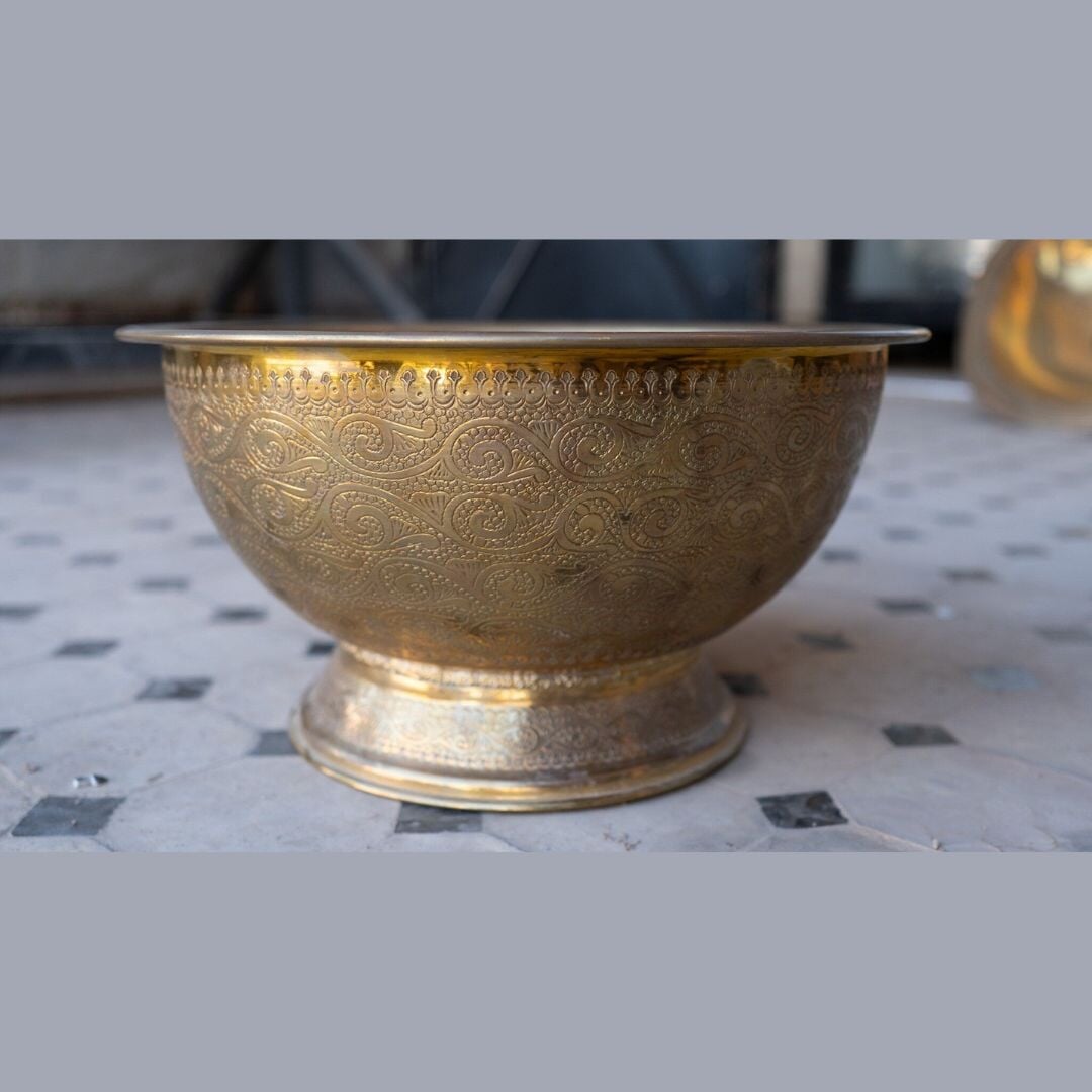 Antique Brass Bowl Vessel Sink Engraved Bathroom Vanity Basin, Gold Vintage Engraved Sink